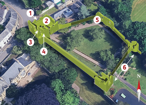 A view of the Old Bishop's Palace ruins from above with features labelled