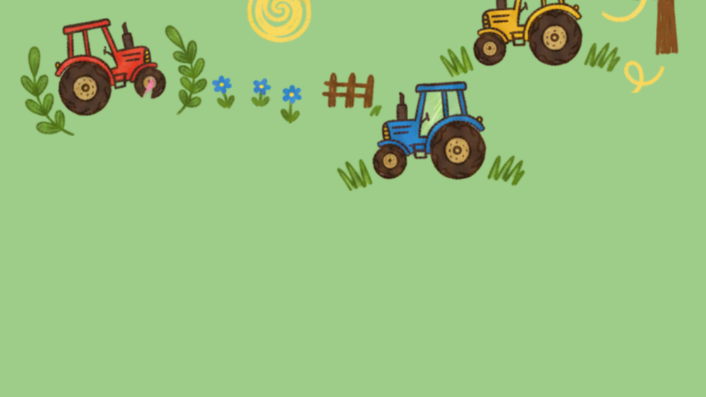 Green backed image with a red, yellow and blyue tractor with trees and plants in cartoon form