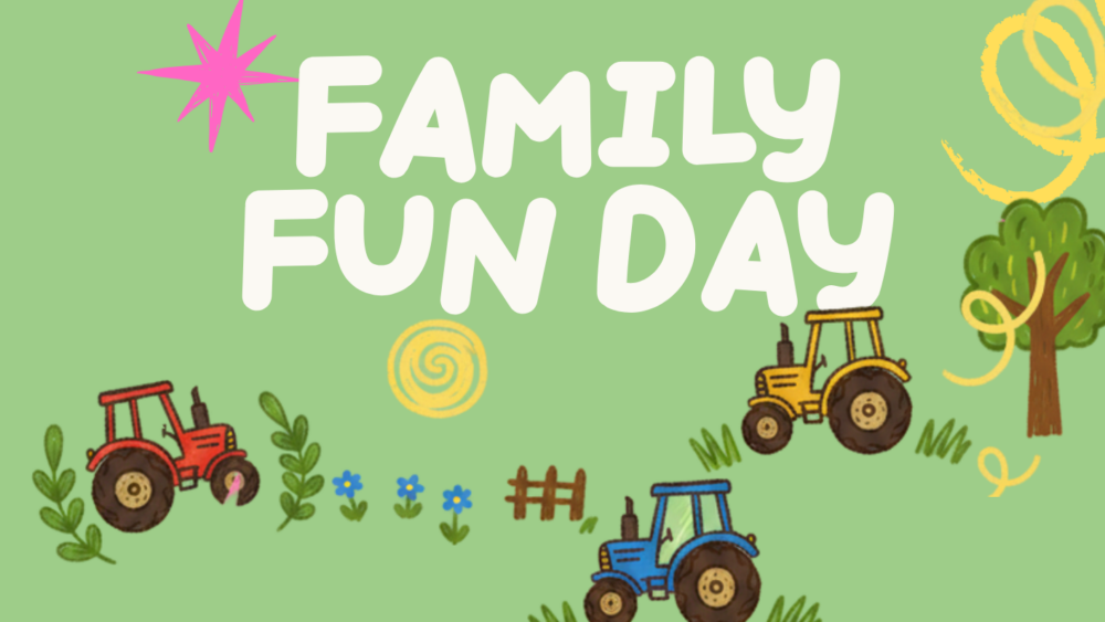 Green backed image with a red, yellow and blyue tractor with trees and plants in cartoon form