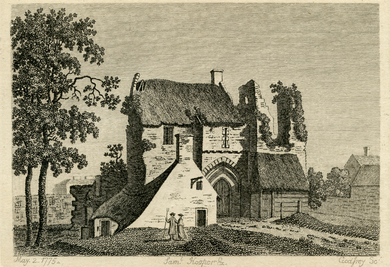 historic image showing the remains of the palace in 1755