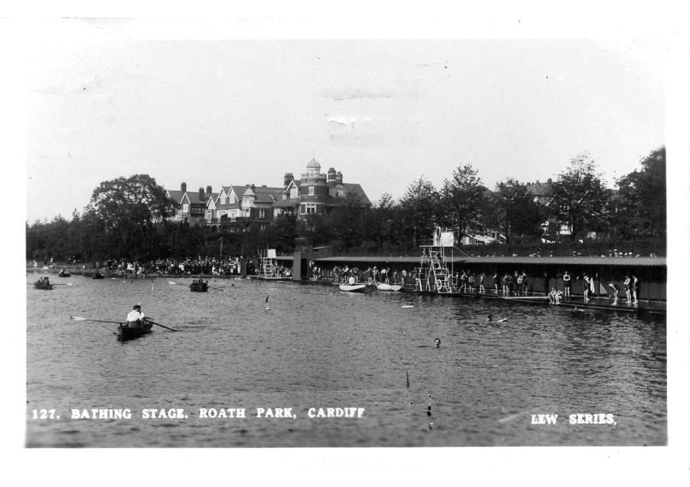 black and white historic photo of the bathing stage at Roath lake